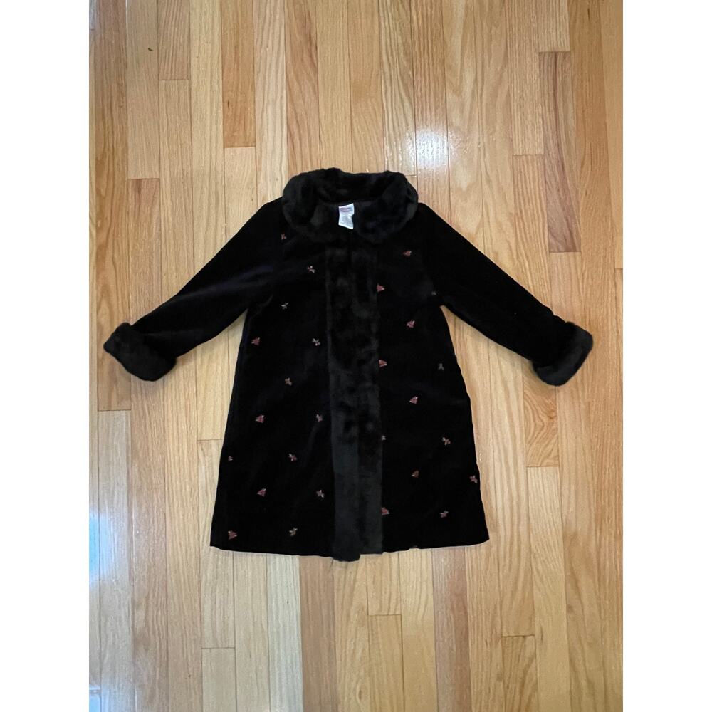Velvet Embroidered Girls Dress Coat with Faux Fur Trim & buttons,‎ black, size 4